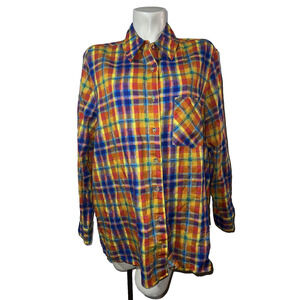 We Wore What Top Women's Size L Rainbow Plaid Boyfriend Long Sleeve Button Shirt